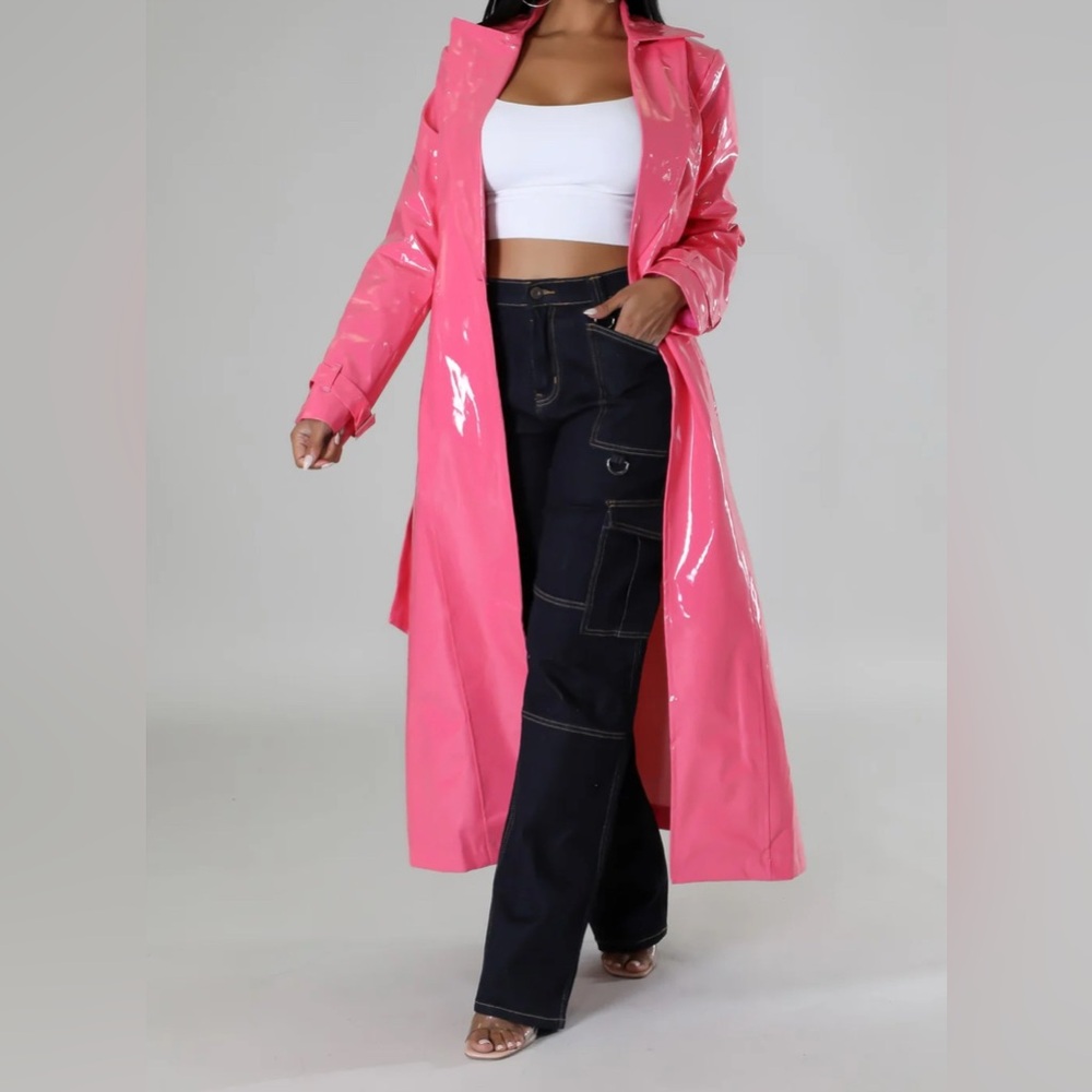 Pink Faux Leather Trench Coat - Picture 5 of 5